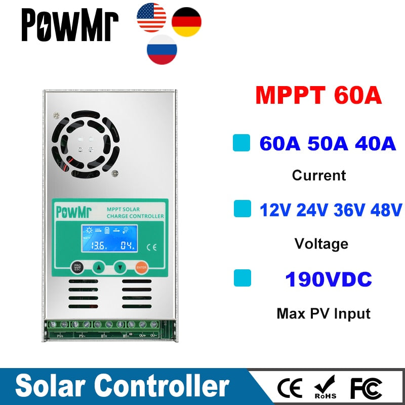 PowMr MPPT 60A Solar Charge Controller 12V 24V 36V 48V Auto For Max 190VDC