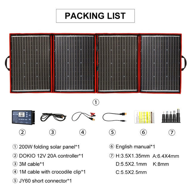 Dokio Black Solar Panels 200W 18V Foldable 12V Controller Solar Panels Solar Battery Charge/Motorhome/RV/Car