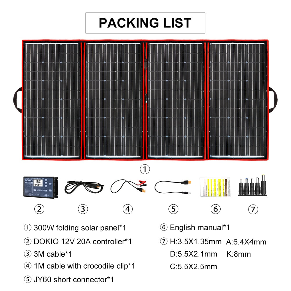 Dokio 300W 12V/18V High-Efficiency Flexible/Foldable/Portable Solar Panel