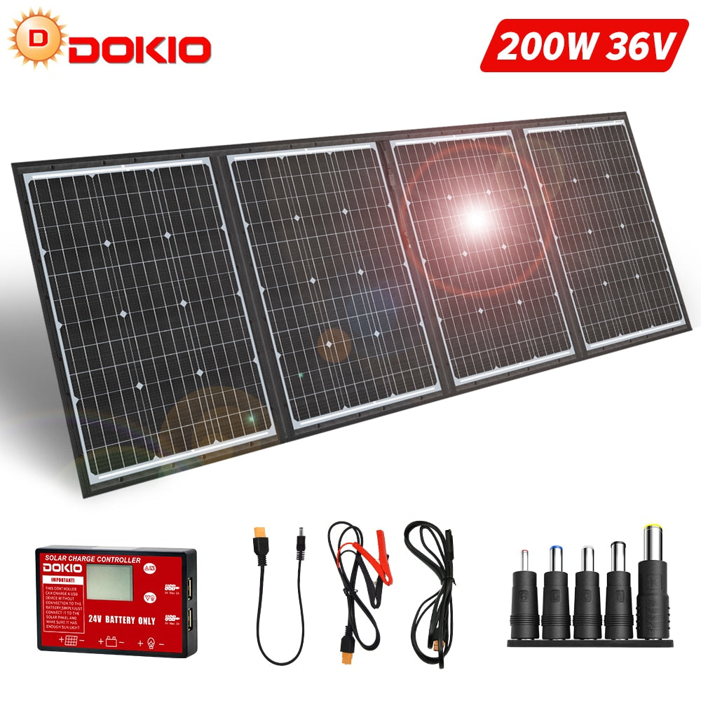 Dokio Black Solar Panels 200W 18V Foldable 12V Controller Solar Panels Solar Battery Charge/Motorhome/RV/Car